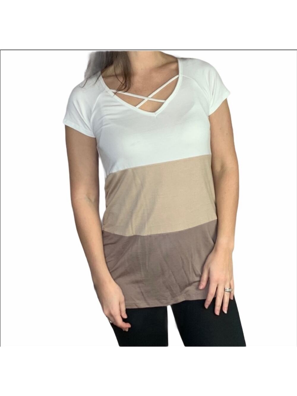 Short sleeve color block tan white medium
